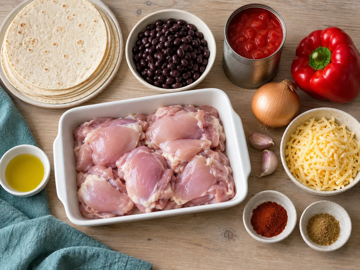 Kipdijfilet, tortilla's, zwarte bonen, tomatenblokjes, paprika en specerijen op een aanrecht