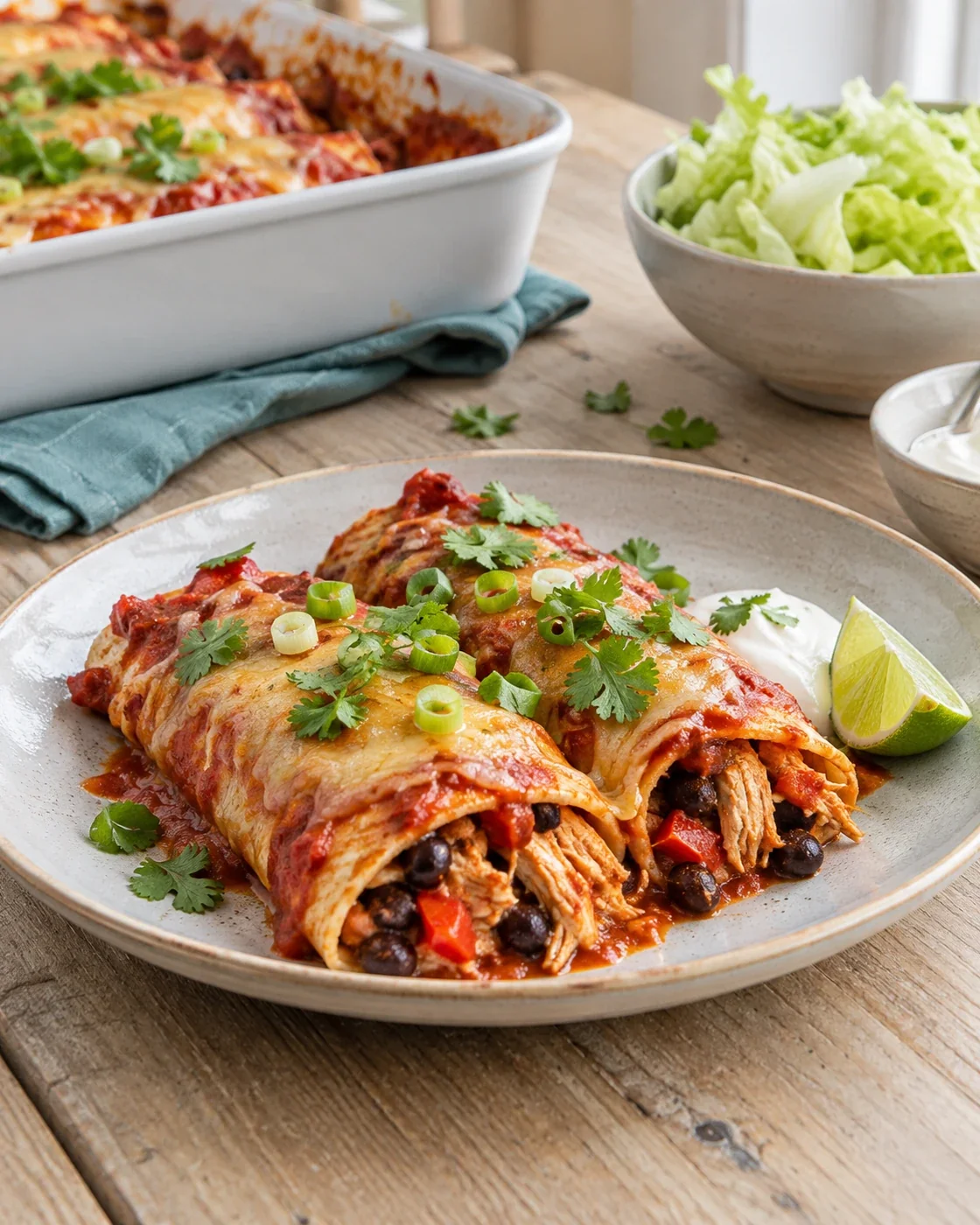 Bord met twee enchilada's, zure room, limoen en een schaaltje sla