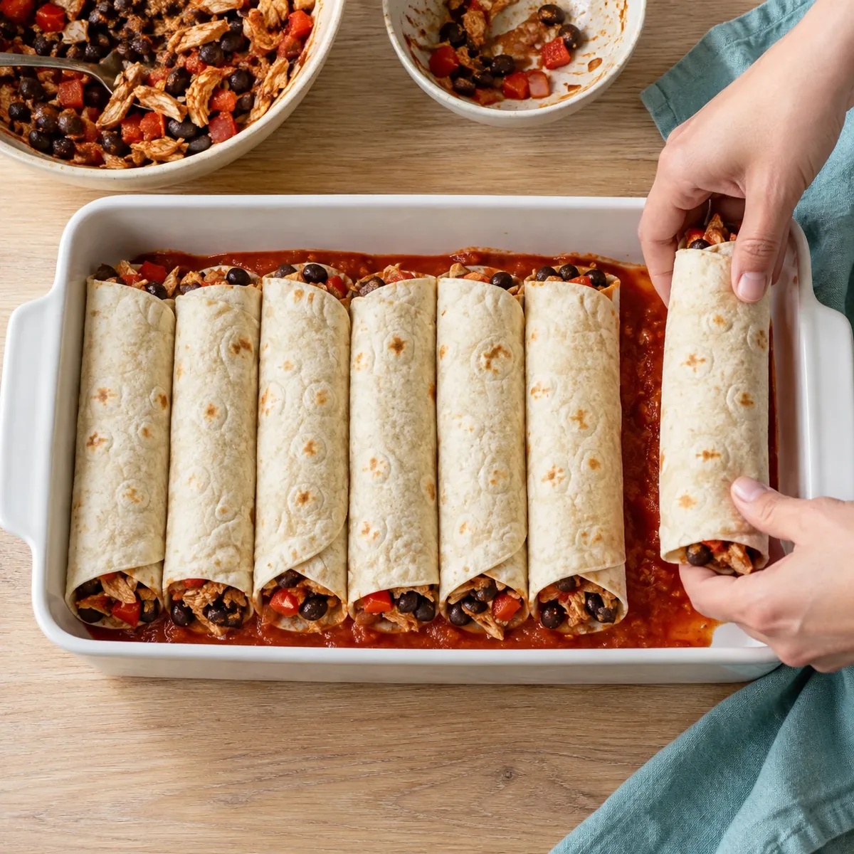 Opgerolde tortilla's liggen met de naad naar beneden naast elkaar in een ovenschaal