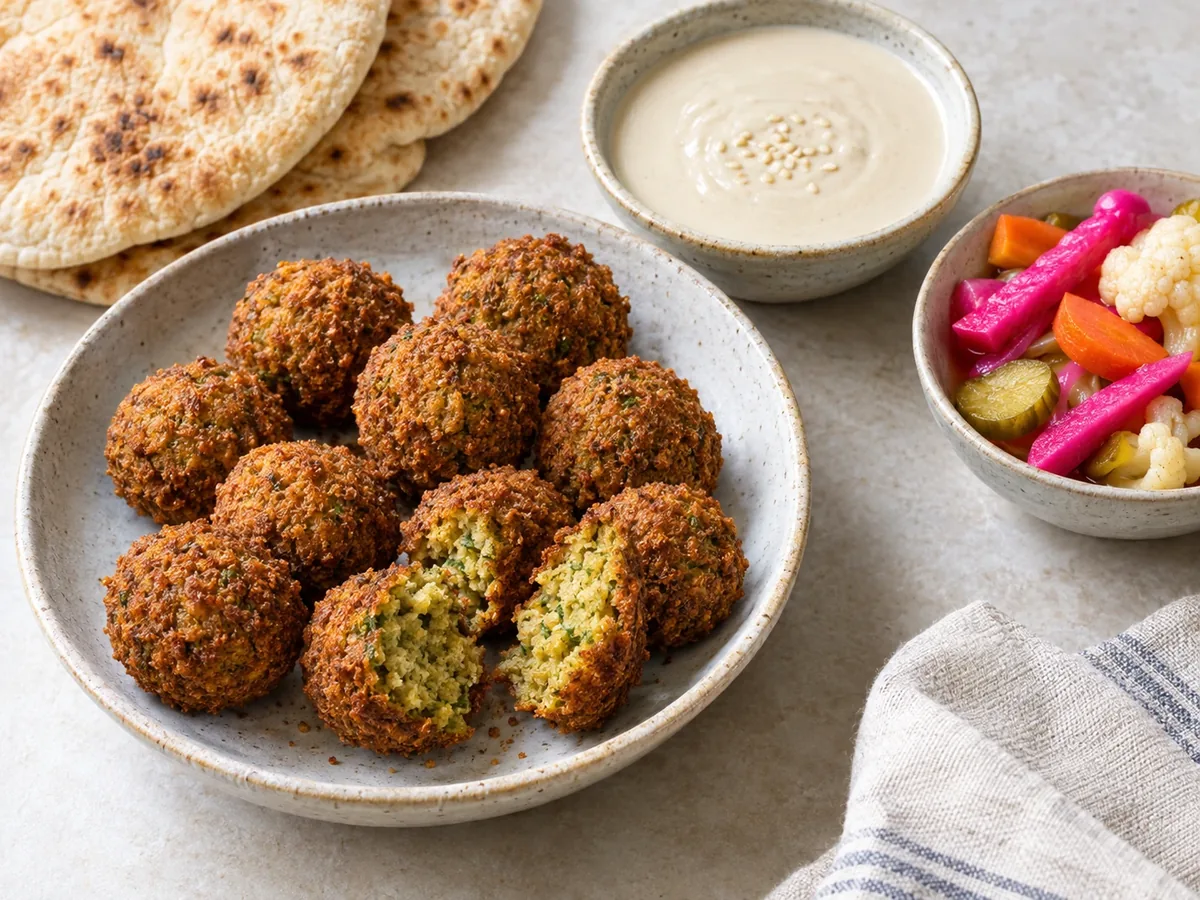 Gefrituurde falafelballetjes op een rooster, met tahinsaus en platbrood ernaast
