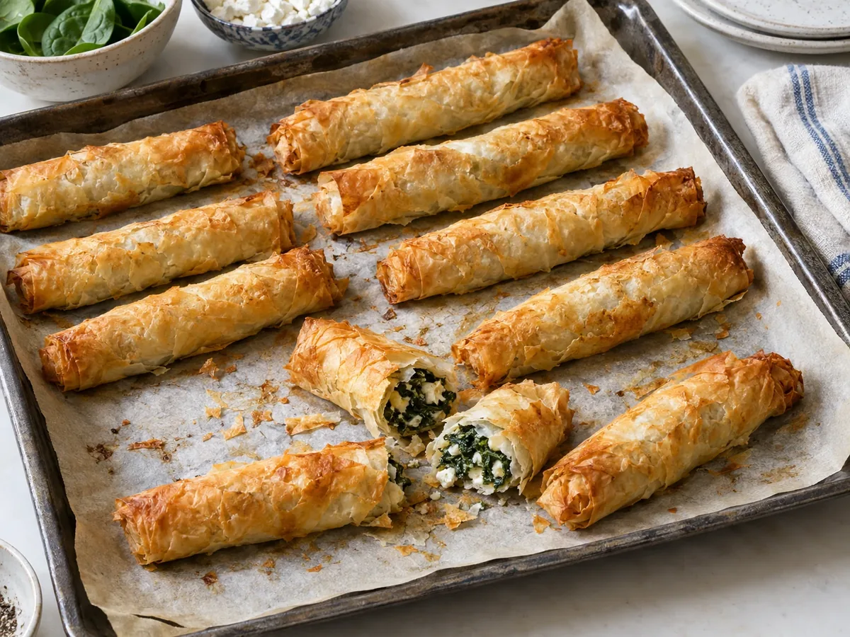 Gebakken filodeegrolletjes met spinazie en feta op een bakplaat