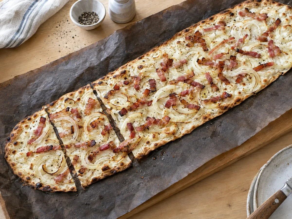 Dunne knapperige flammkuchen met spek, ui en crème fraîche