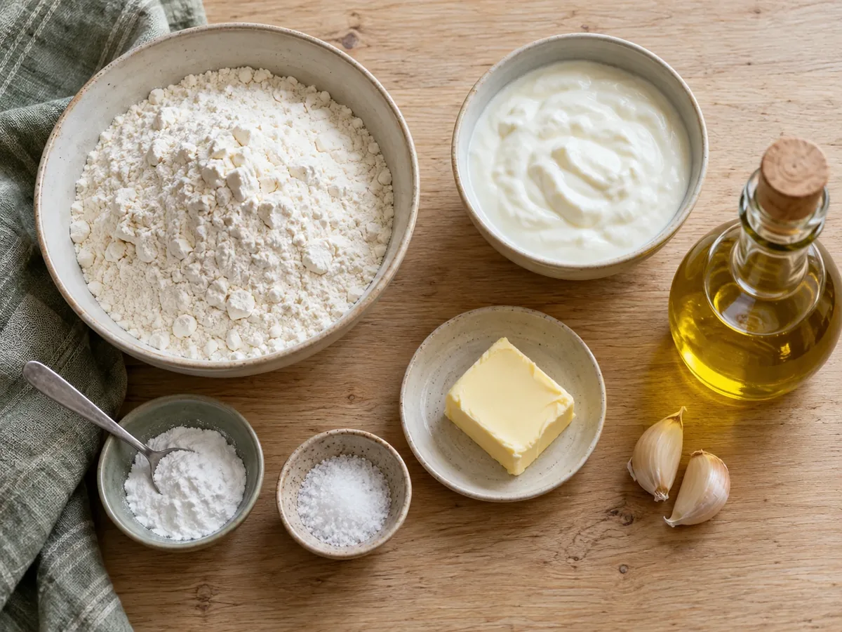 Bloem, yoghurt, bakpoeder, boter en knoflook op een werkblad