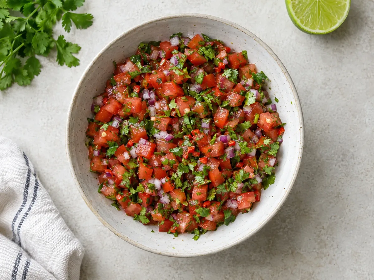 Kom met tomatensalsa van fijne blokjes tomaat, rode ui en koriander
