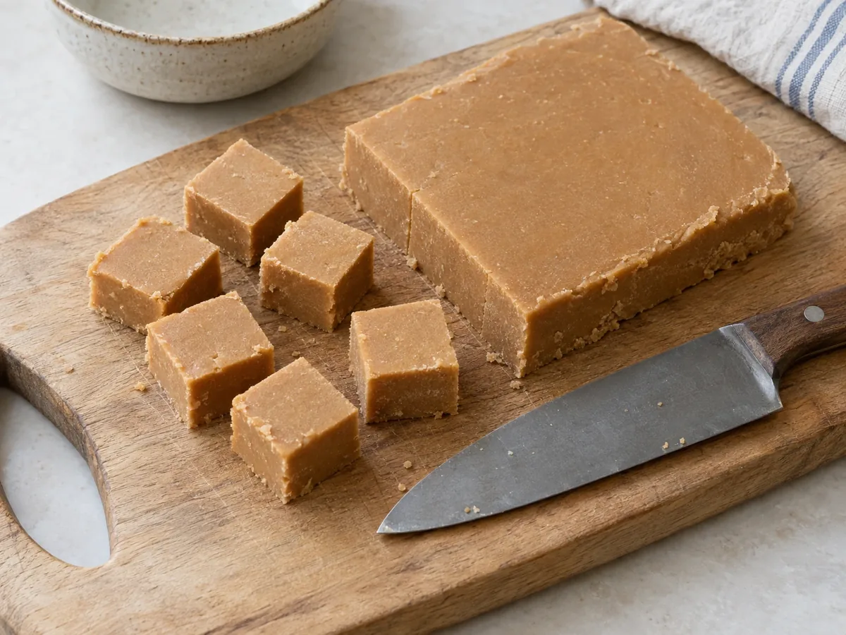 Blokjes fudge op een snijplank naast een half gesneden plak