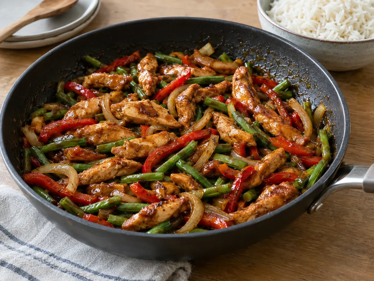 Hapjespan met glanzende gemarineerde kipreepjes, sperziebonen en paprika