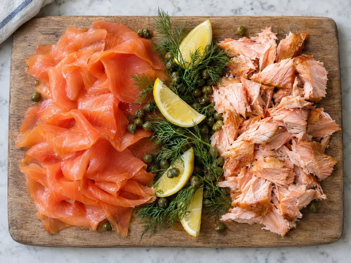 Plakjes koudgerookte zalm naast vlokken warmgerookte zalm, met citroen en kappertjes