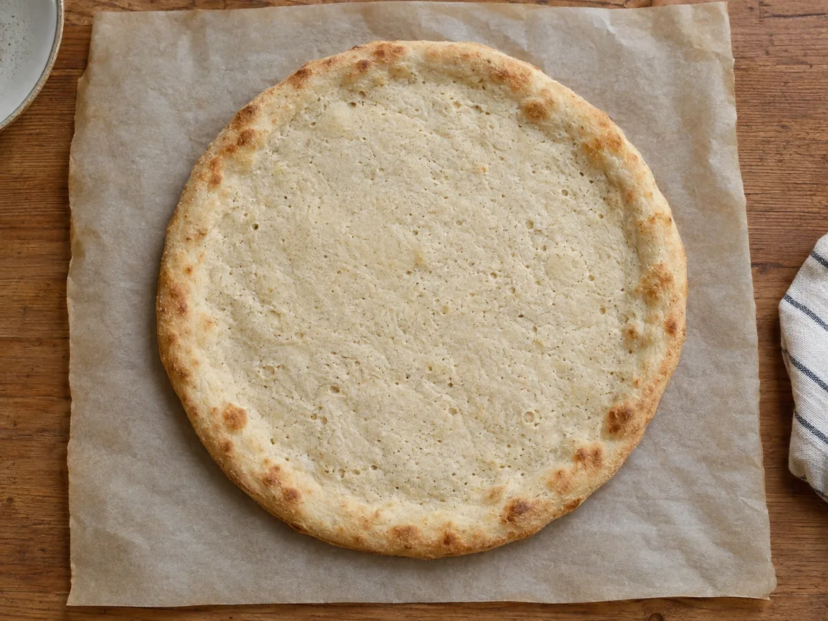 Gebakken glutenvrije pizzabodem met bruine vlekken op de rand