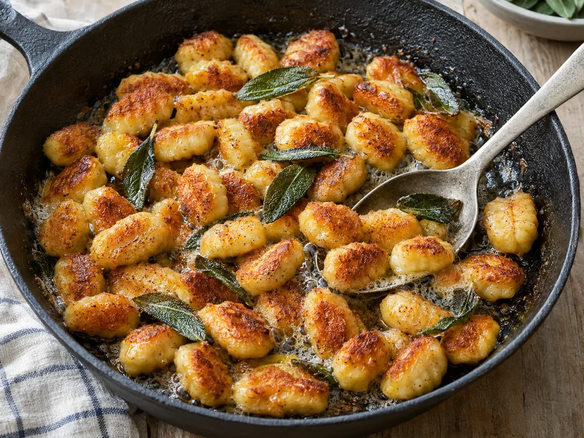 Goudbruin gebakken gnocchi met salieboter in een gietijzeren pan