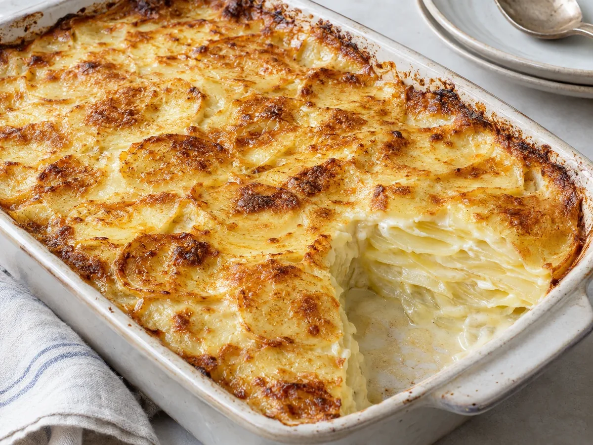 Aardappelgratin met goudbruine korst, één portie eruit geschept