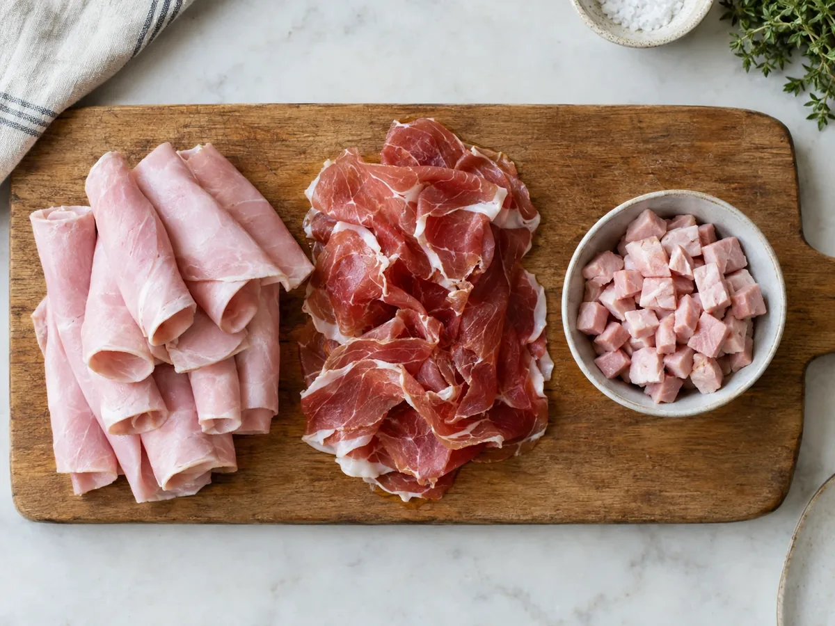 Plank met plakjes achterham, dun gesneden rauwe ham en blokjes ham
