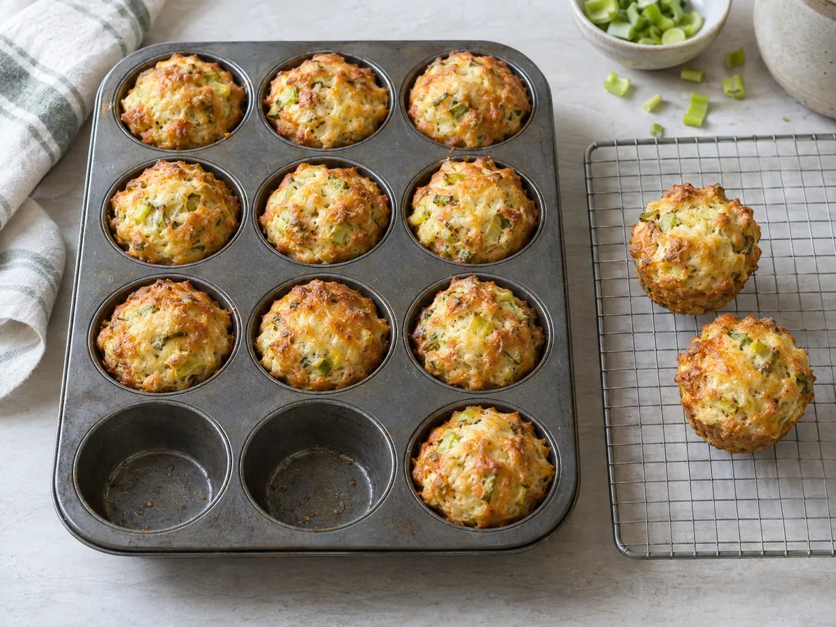 Twaalf gebakken hartige muffins met kaas en prei in een muffinvorm