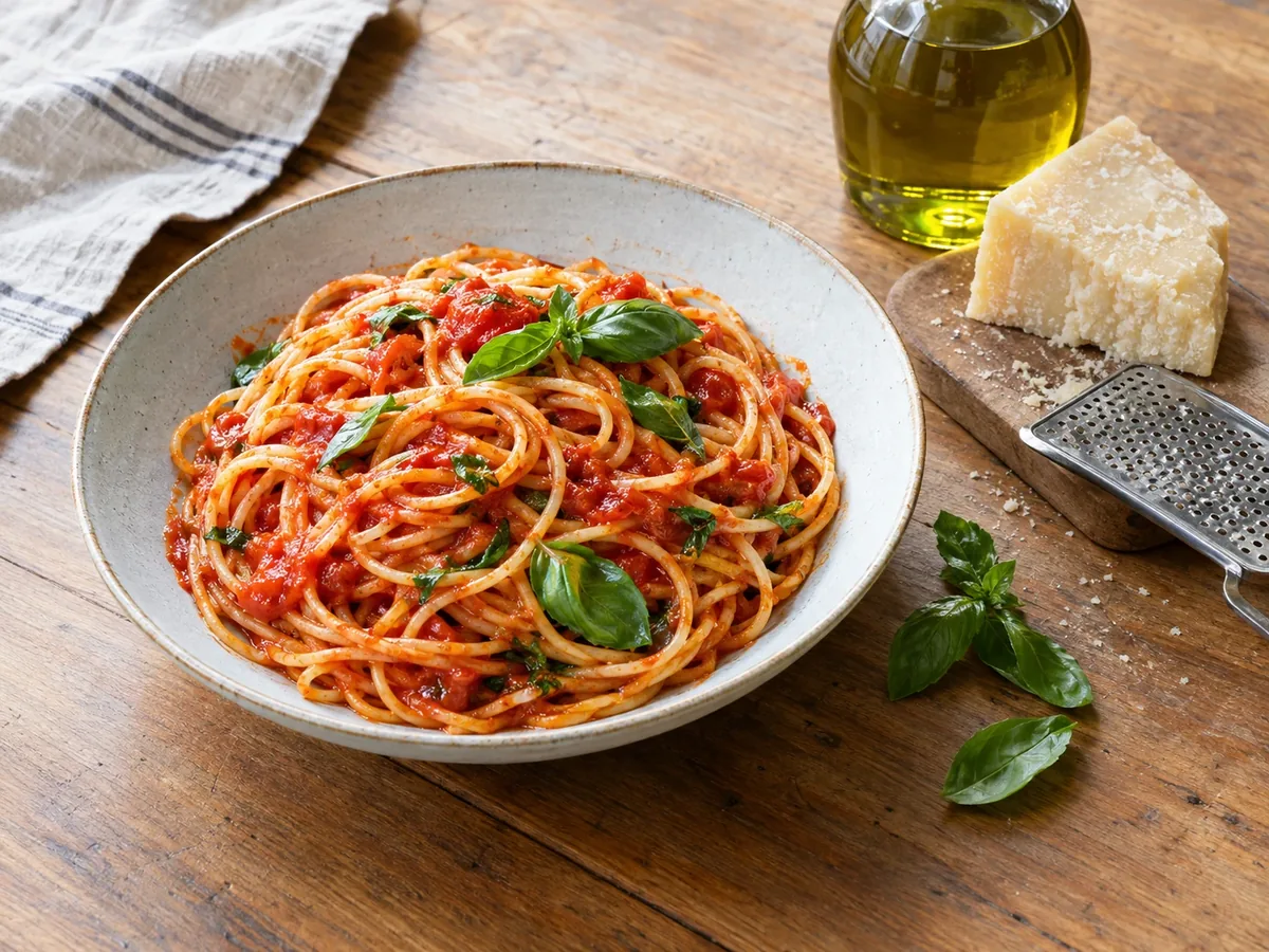 Schaal pasta met tomatensaus, een stuk parmezaan en een fles olijfolie op een houten tafel