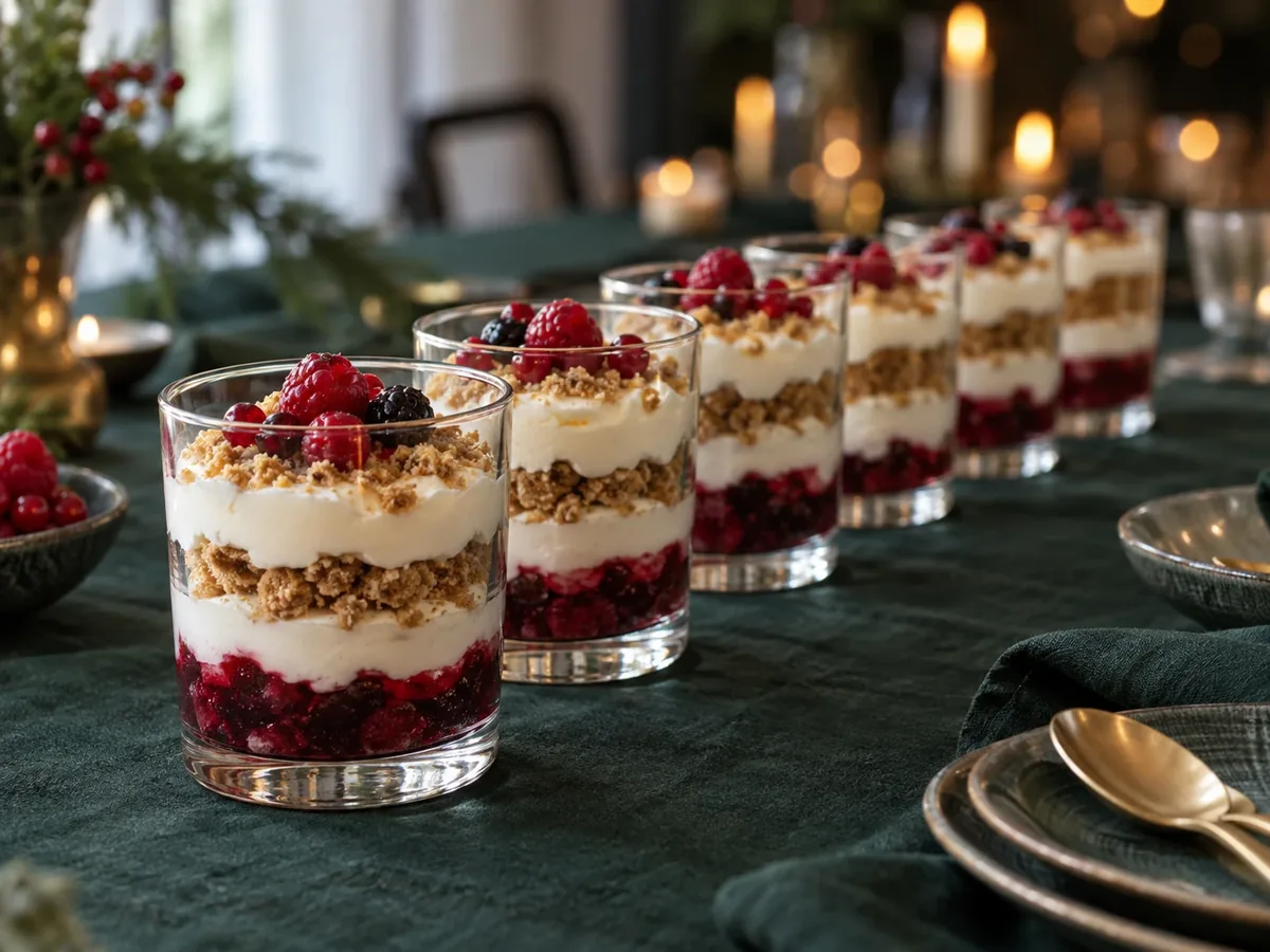 Rij dessertglaasjes met rood fruit en room op een feestelijke tafel