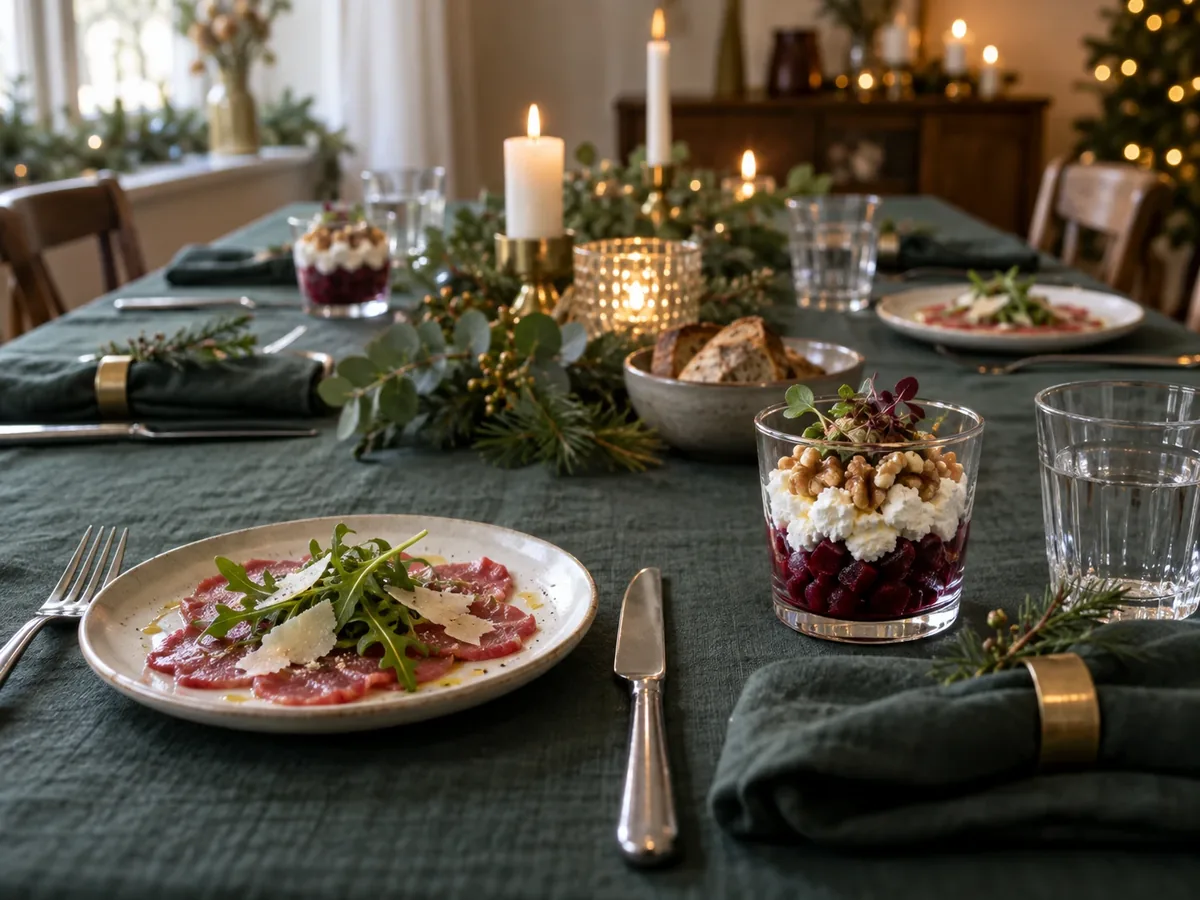 Gedekte kersttafel met kleine voorgerechten in glazen en op bordjes