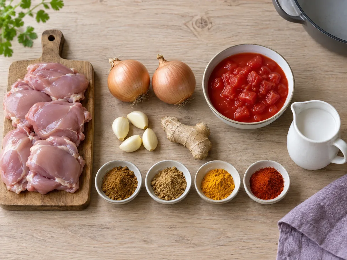 Kipdijfilet, ui, knoflook, gember, losse kruiden, tomatenblokjes en kokosmelk