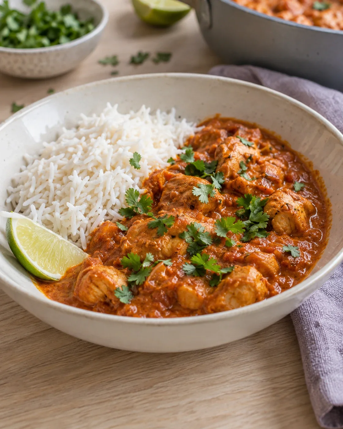 Bord met kipcurry naast witte rijst en een partje limoen