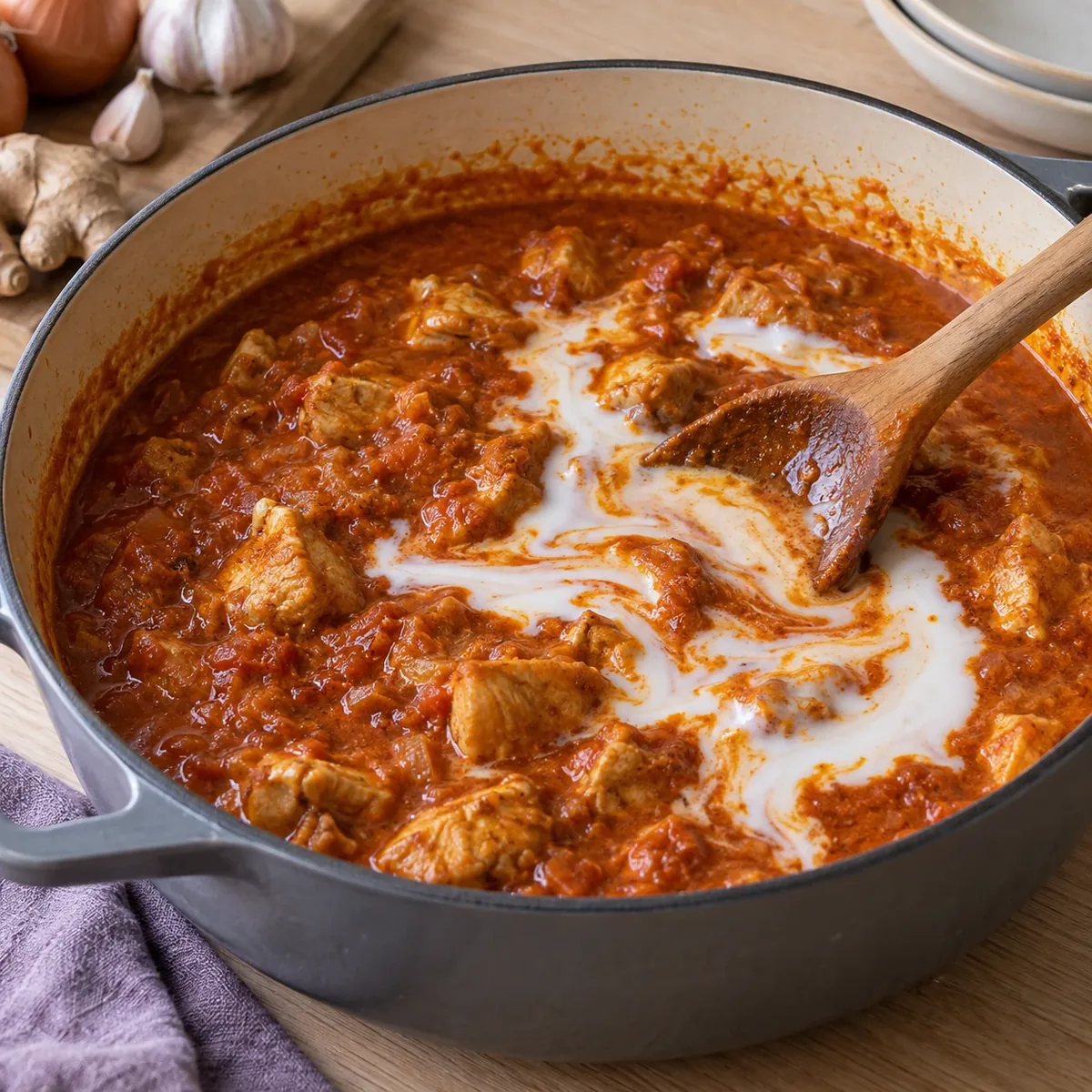 Kokosmelk wordt op laag vuur door de rode currysaus geroerd
