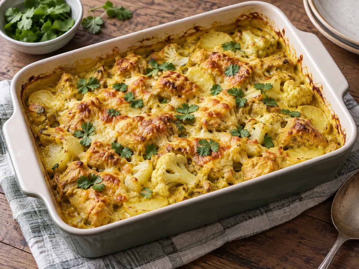 Ovenschaal met kipcurry, aardappelschijfjes, bloemkool en gesmolten kaas