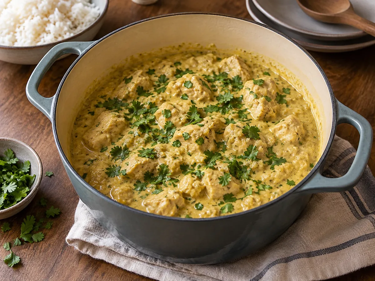 Braadpan met kip korma in een lichtgele romige saus met verse koriander