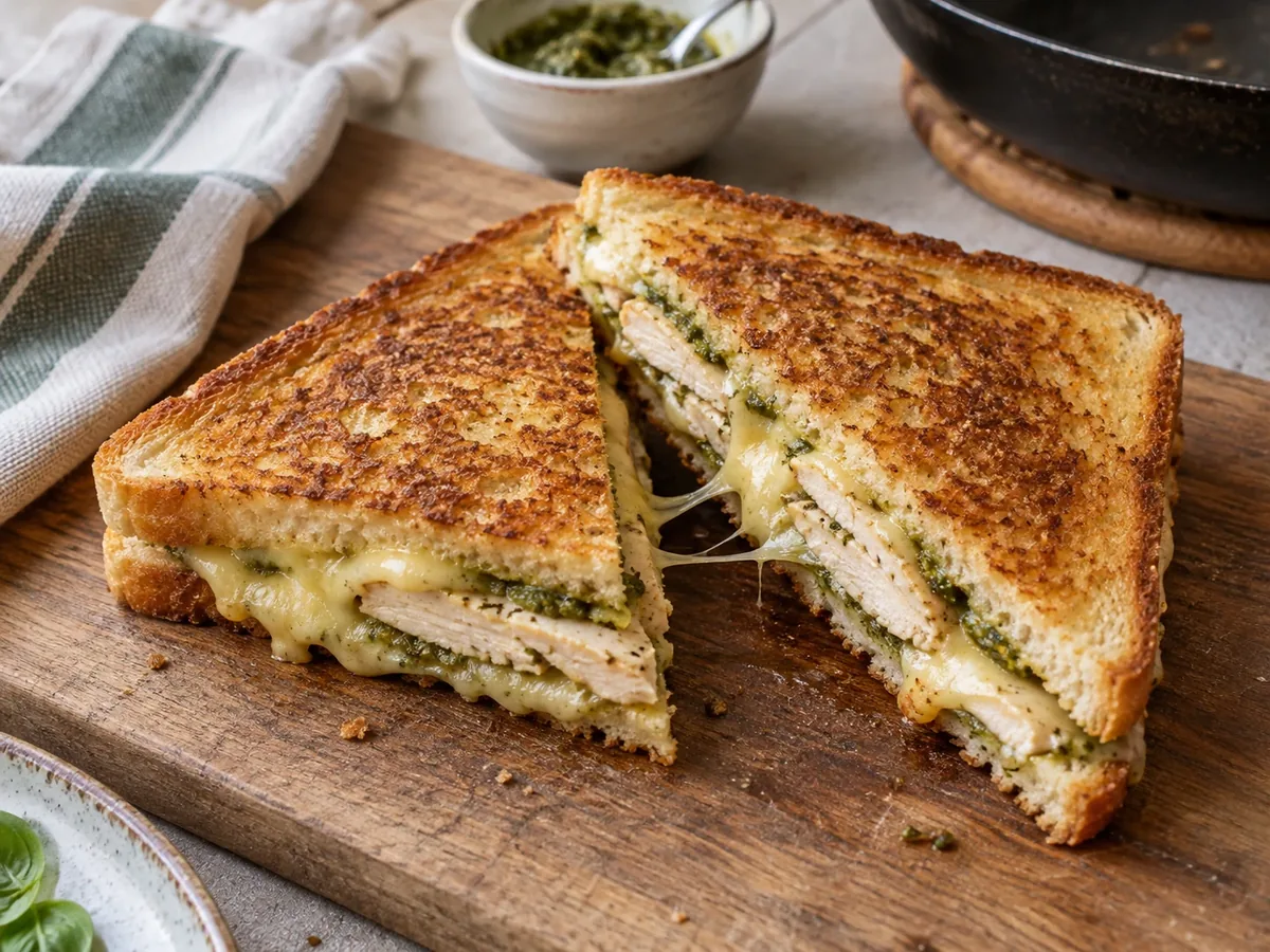 Doorgesneden tosti met plakjes kipfilet, groene pesto en gesmolten kaas