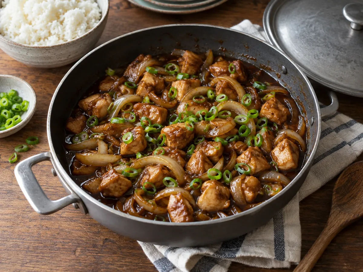 Hapjespan met blokjes kip in een donkere, glanzende ketjapsaus met gebakken ui en bosui