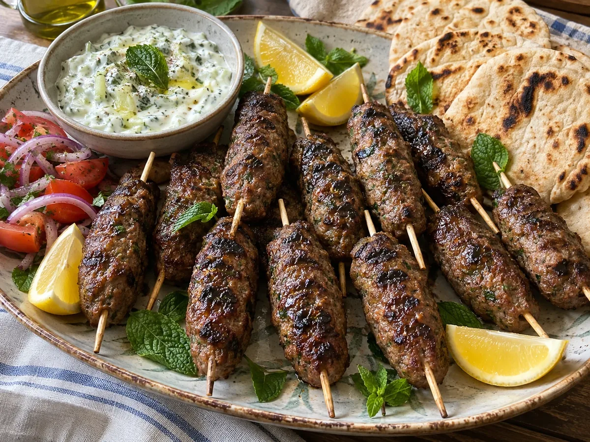 Gegrilde kofta aan spiesjes op een schaal met tzatziki en pita