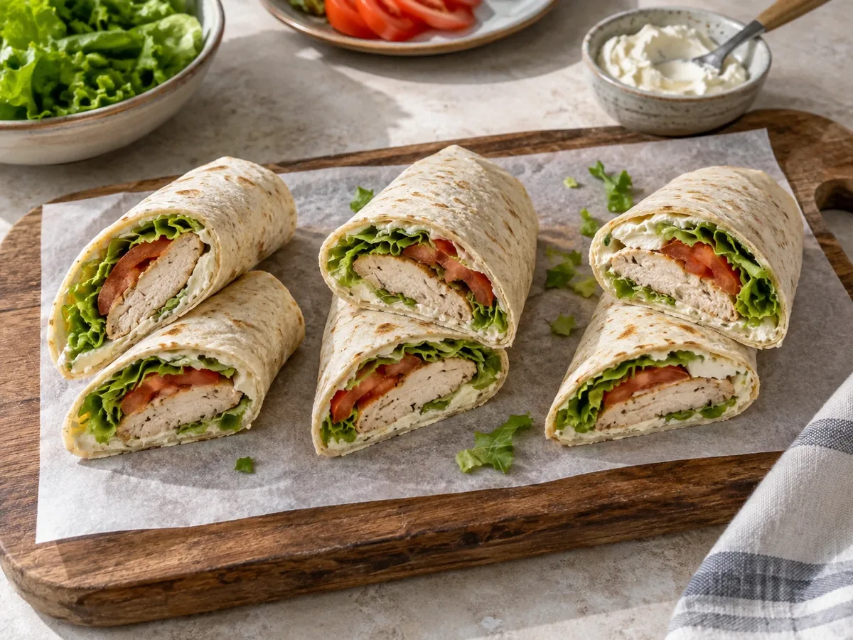 Drie gerolde wraps schuin doorgesneden op een plank, met de vulling zichtbaar.
