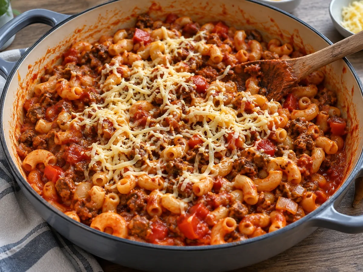 Een pan macaroni met gehakt en tomatensaus, bestrooid met kaas
