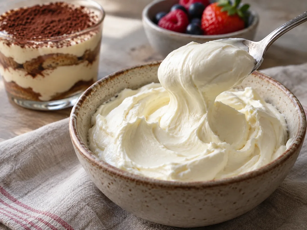Kom mascarpone met een lepel die een dikke sliert optilt
