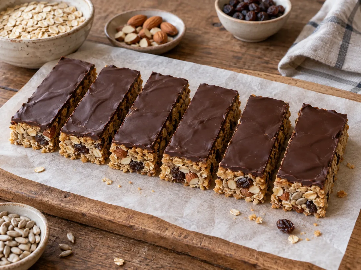 Mueslirepen met een laag pure chocolade, naast elkaar op bakpapier