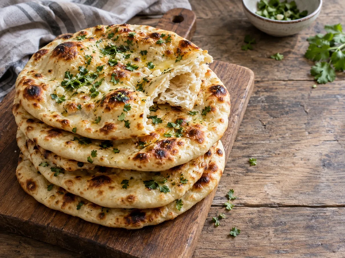 Een stapel naans met donkere blaren en knoflookboter op een houten plank