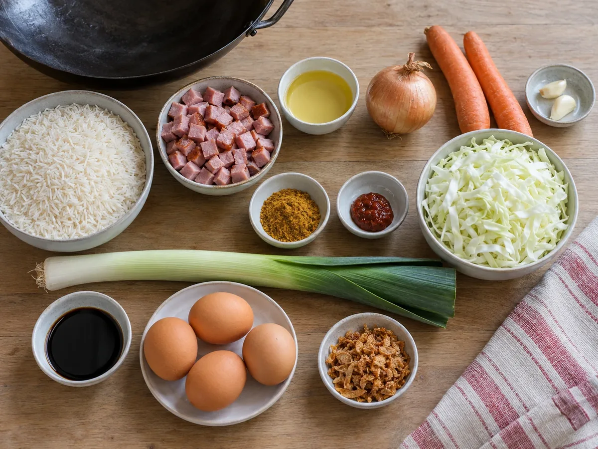 Rijst, hamblokjes, ui, wortel, knoflook, nasikruiden, sambal, kool, prei, ketjap, eieren en gebakken uitjes klaargezet