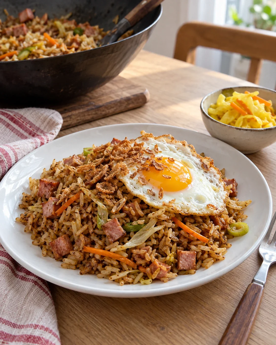 Bord nasi met ham, een gebakken ei en gebakken uitjes, met atjar ernaast