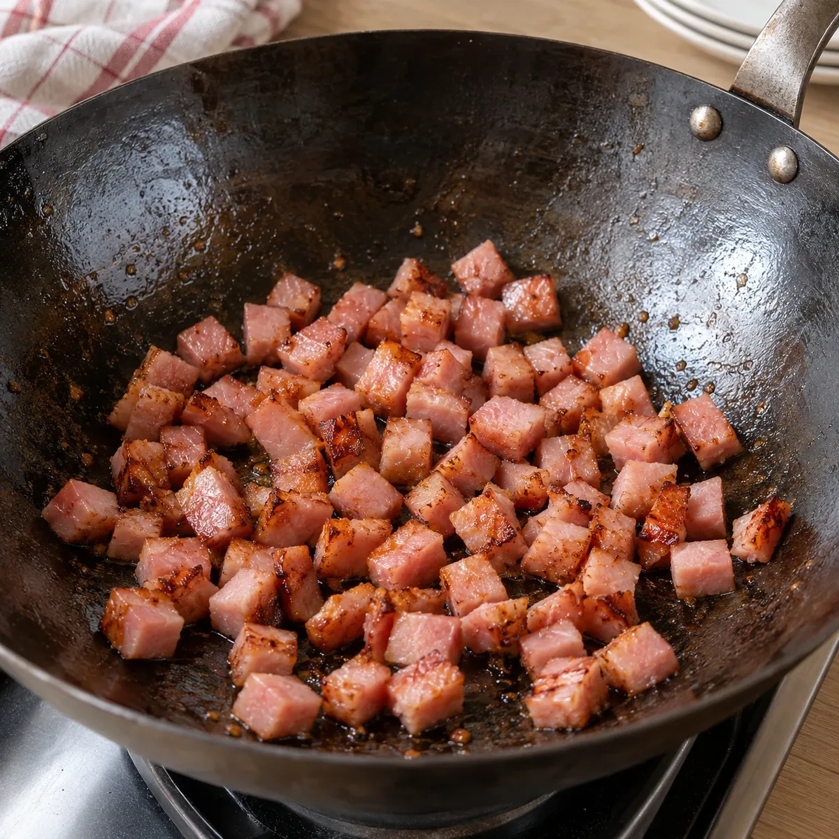 Hamblokjes met bruine randjes in een hete wok