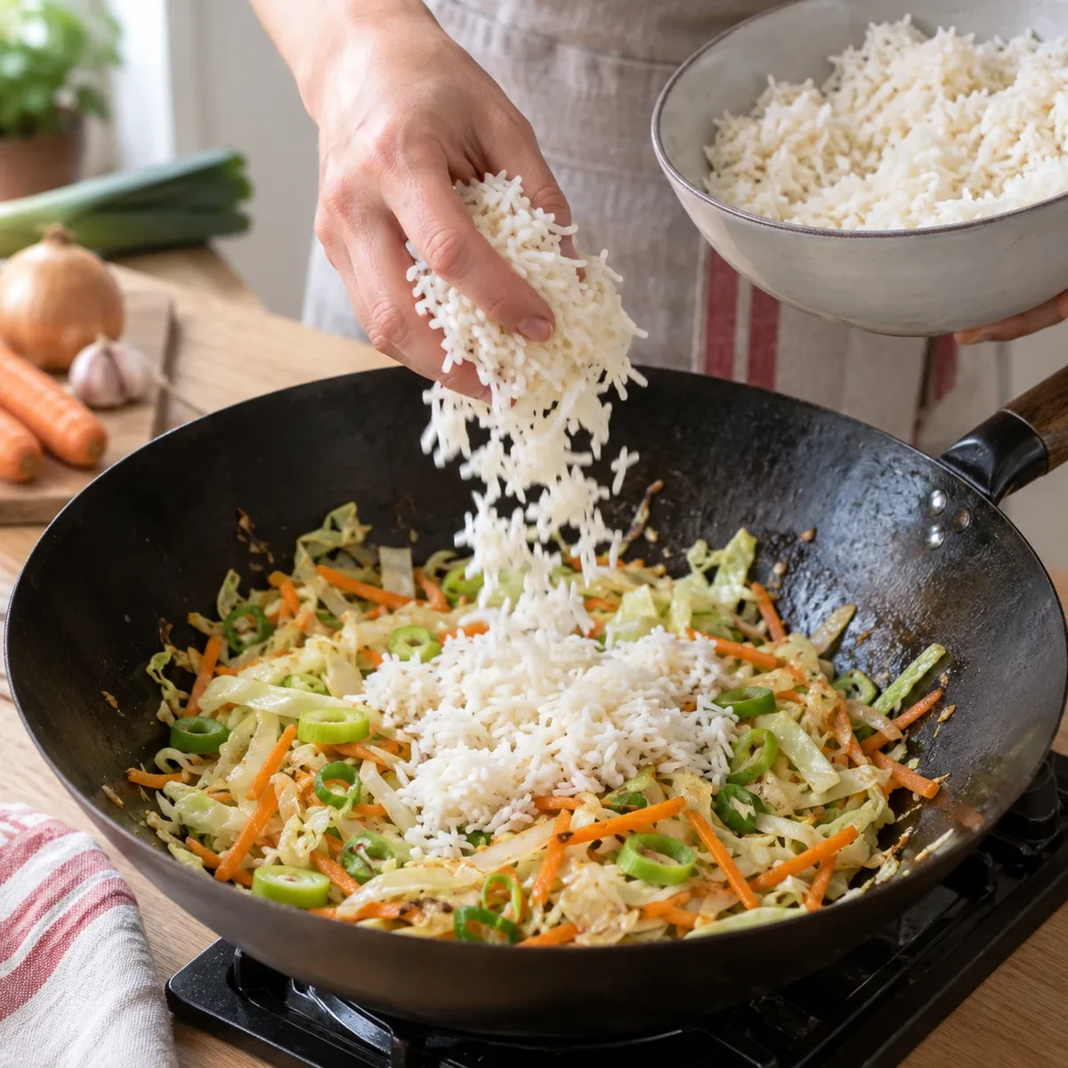 Koude rijst wordt met de hand boven de wok losgekruimeld