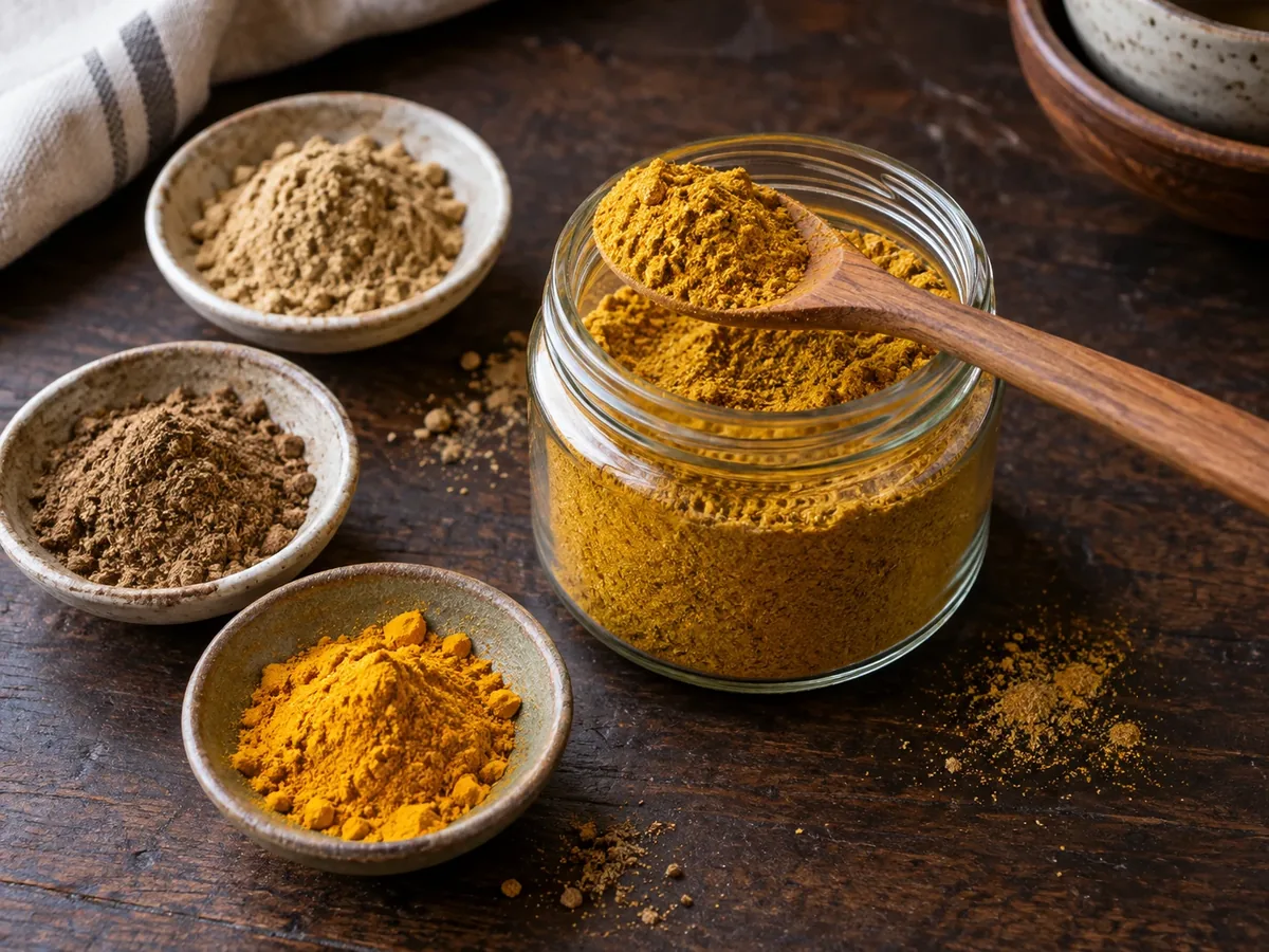 Potje zelfgemaakte nasi-kruidenmix met lepeltje okergele specerijen