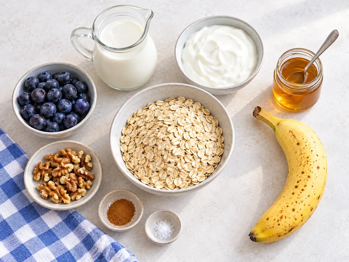 Havermout, melk, Griekse yoghurt, honing, banaan en blauwe bessen op een aanrecht