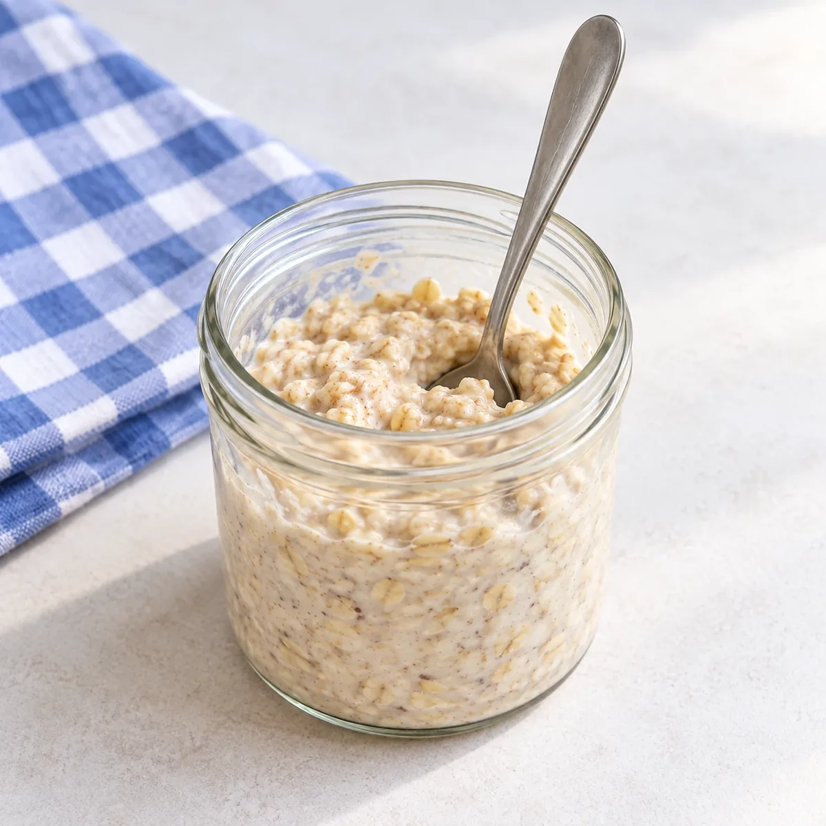 Een potje overnight oats na een nacht, met de lepel rechtop in de dikke pap