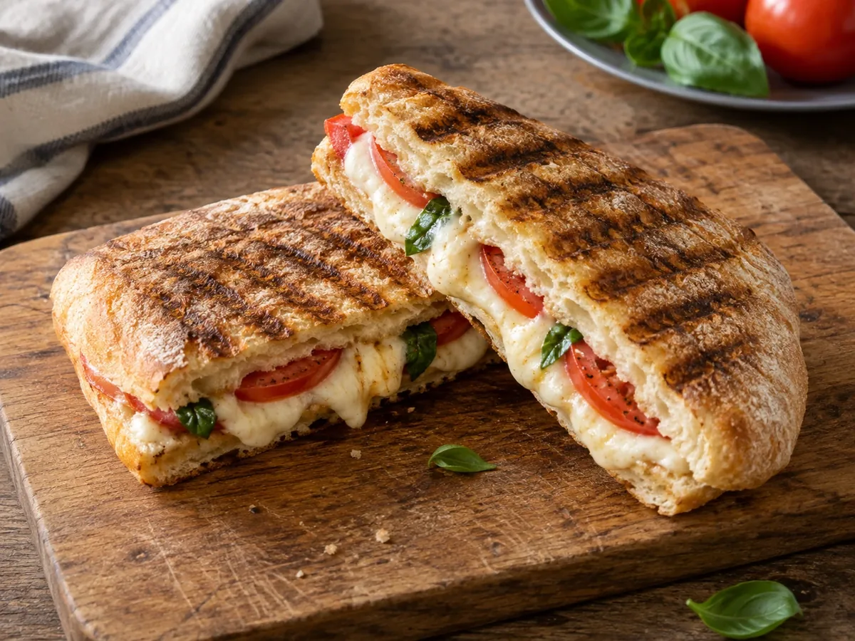 Doormidden gesneden panini met gesmolten kaas en grillstrepen
