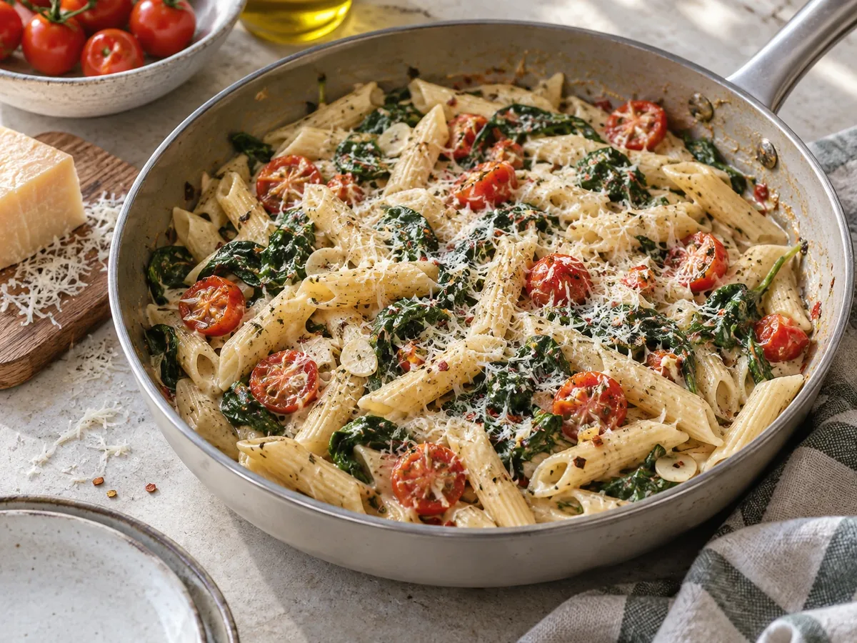 Hapjespan met penne in een romige kruidensaus met spinazie en cherrytomaatjes