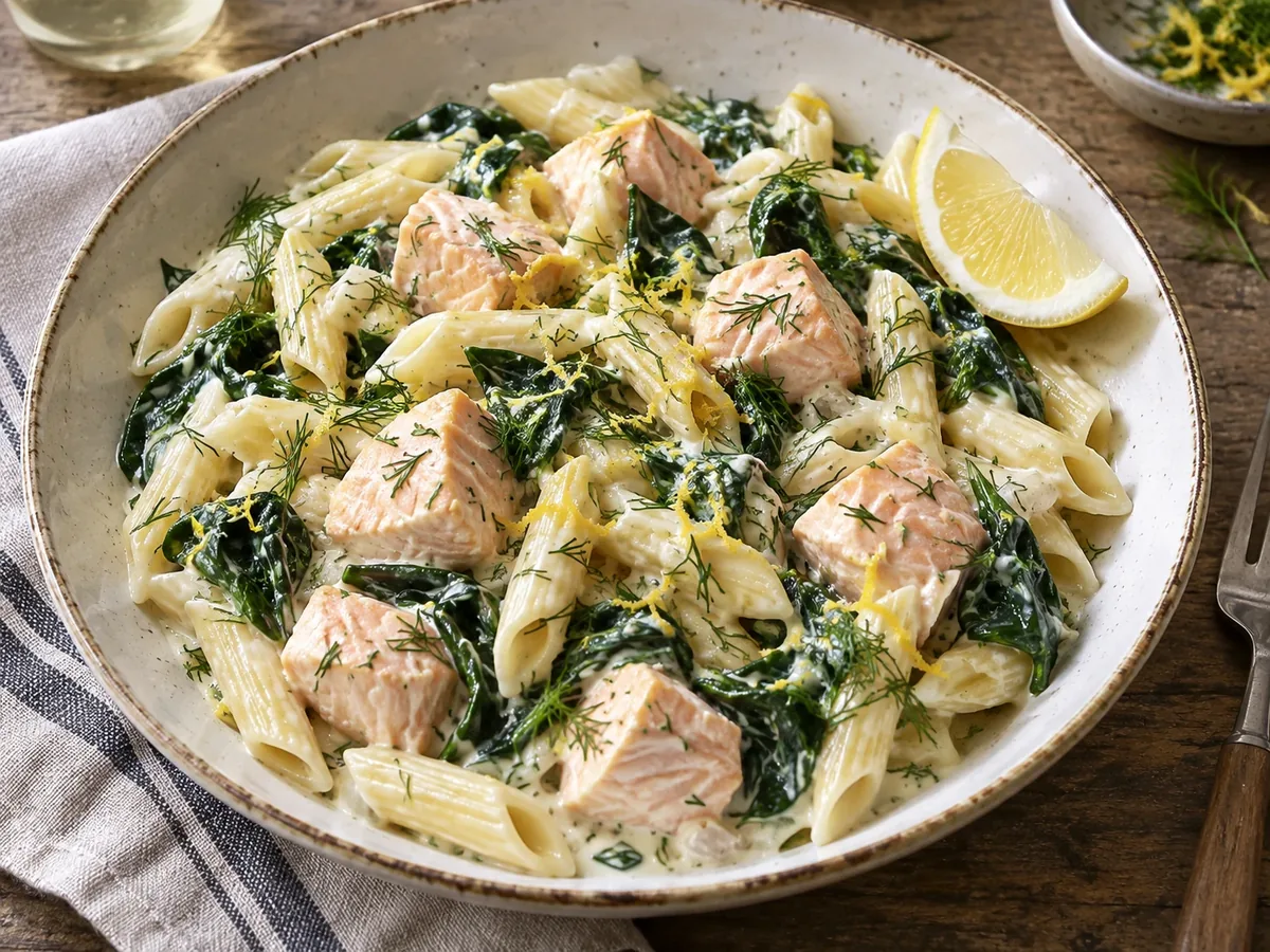Bord penne met roze zalmblokjes, spinazie en romige saus