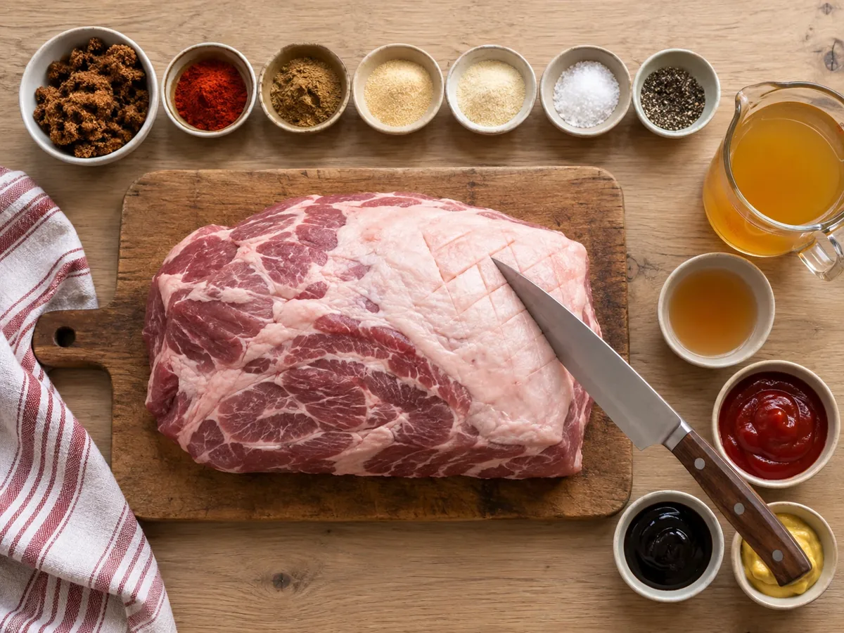 Stuk procureur, kruiden voor de rub, appelsap, ketchup en appelstroop op een aanrecht