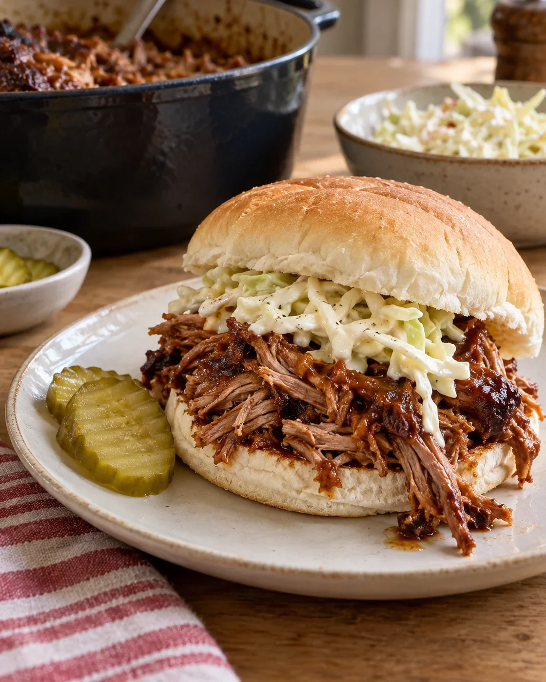 Broodje met pulled pork, koolsalade en augurk