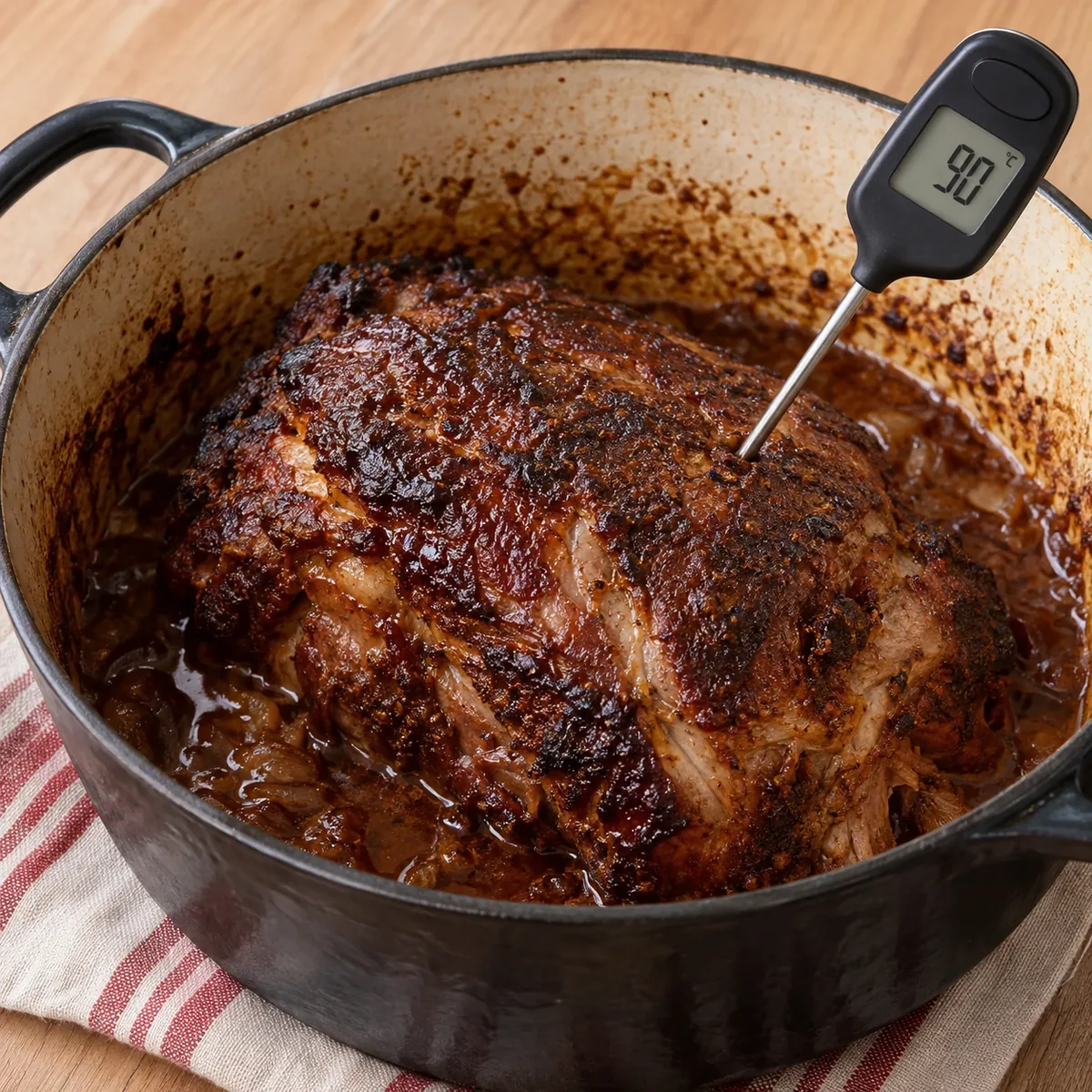 Vleesthermometer in gegaarde pulled pork toont 90 graden
