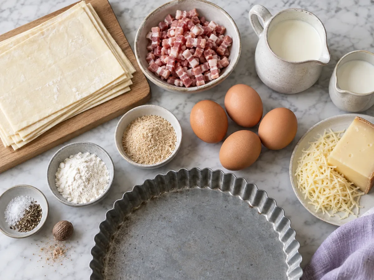 Bladerdeeg, eieren, room, spekjes en gruyère voor quiche lorraine