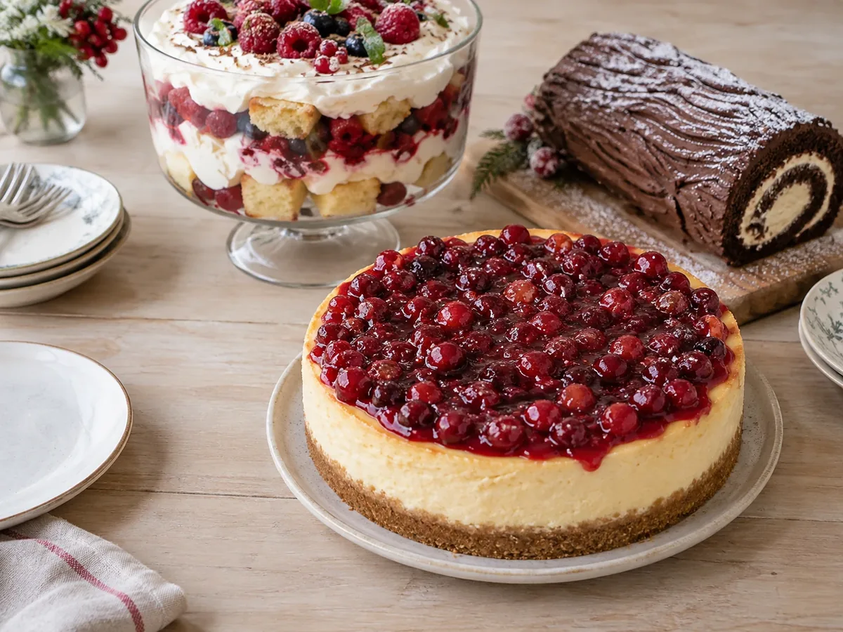Kerstcheesecake met cranberry's naast een glazen schaal trifle en een bûche de Noël