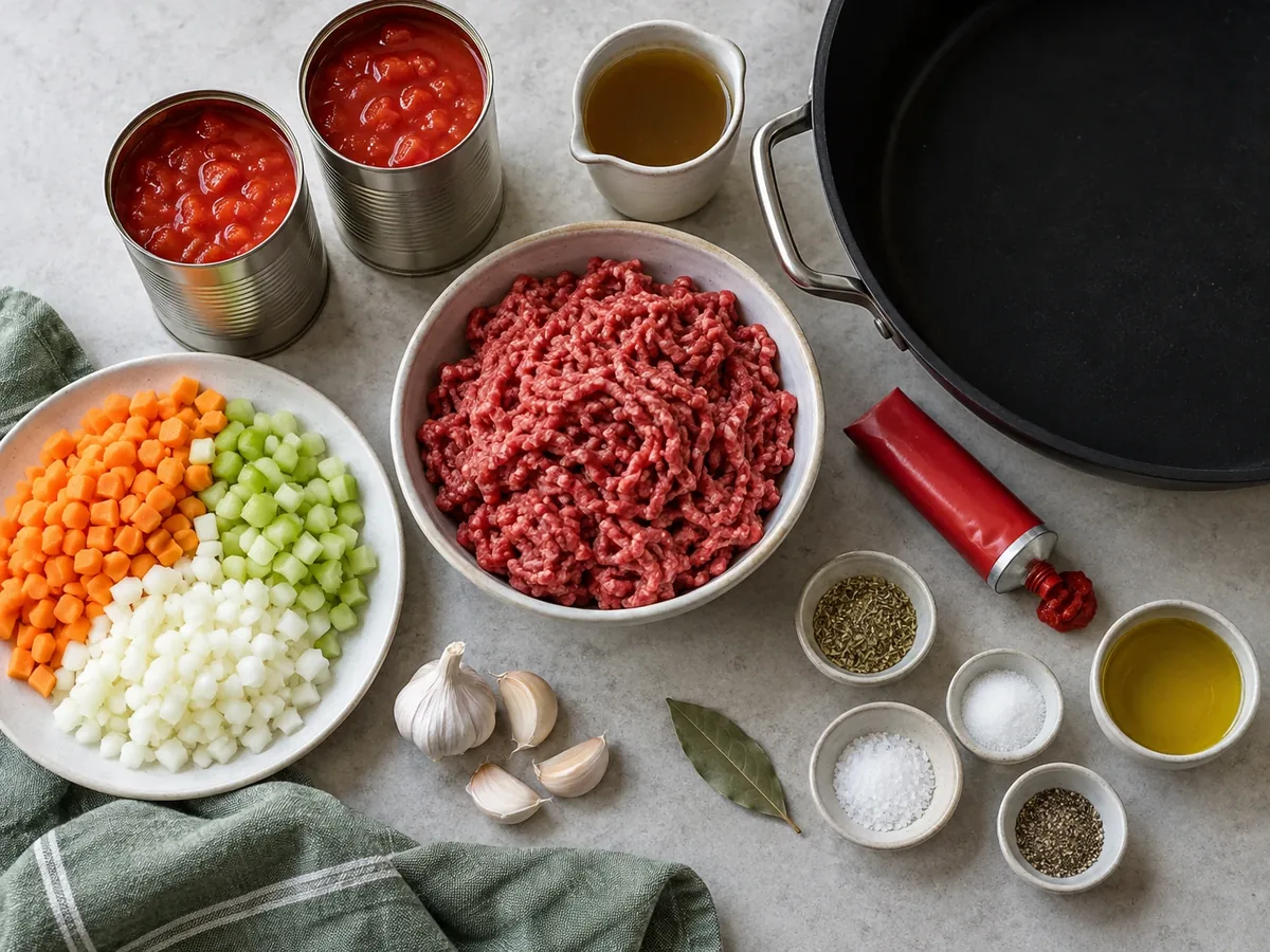 Gehakt, ui, peen, bleekselderij, knoflook en blikken tomaat op een aanrecht