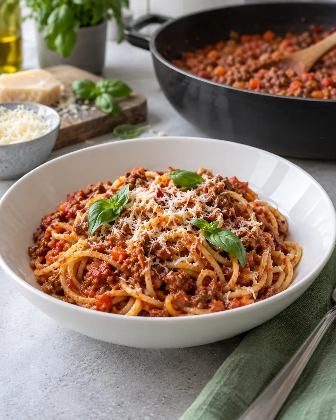 Bord spaghetti met saus, Parmezaanse kaas en basilicum