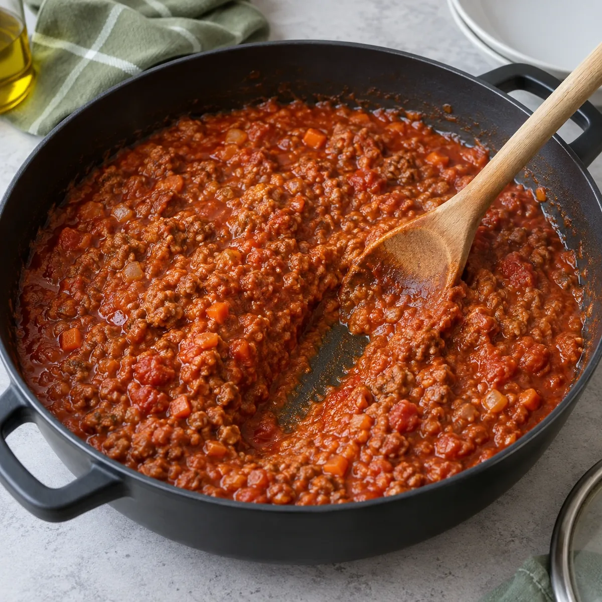 Een lepel trekt een spoor door de ingekookte saus op de bodem van de pan